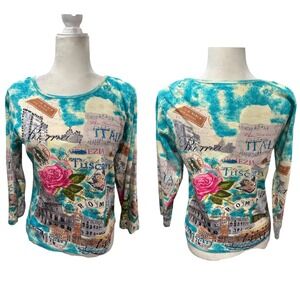 Y2K Vintage Sequin 3/4 Sleeve Blue Post Card Novelty All Over Print Size L Artsy